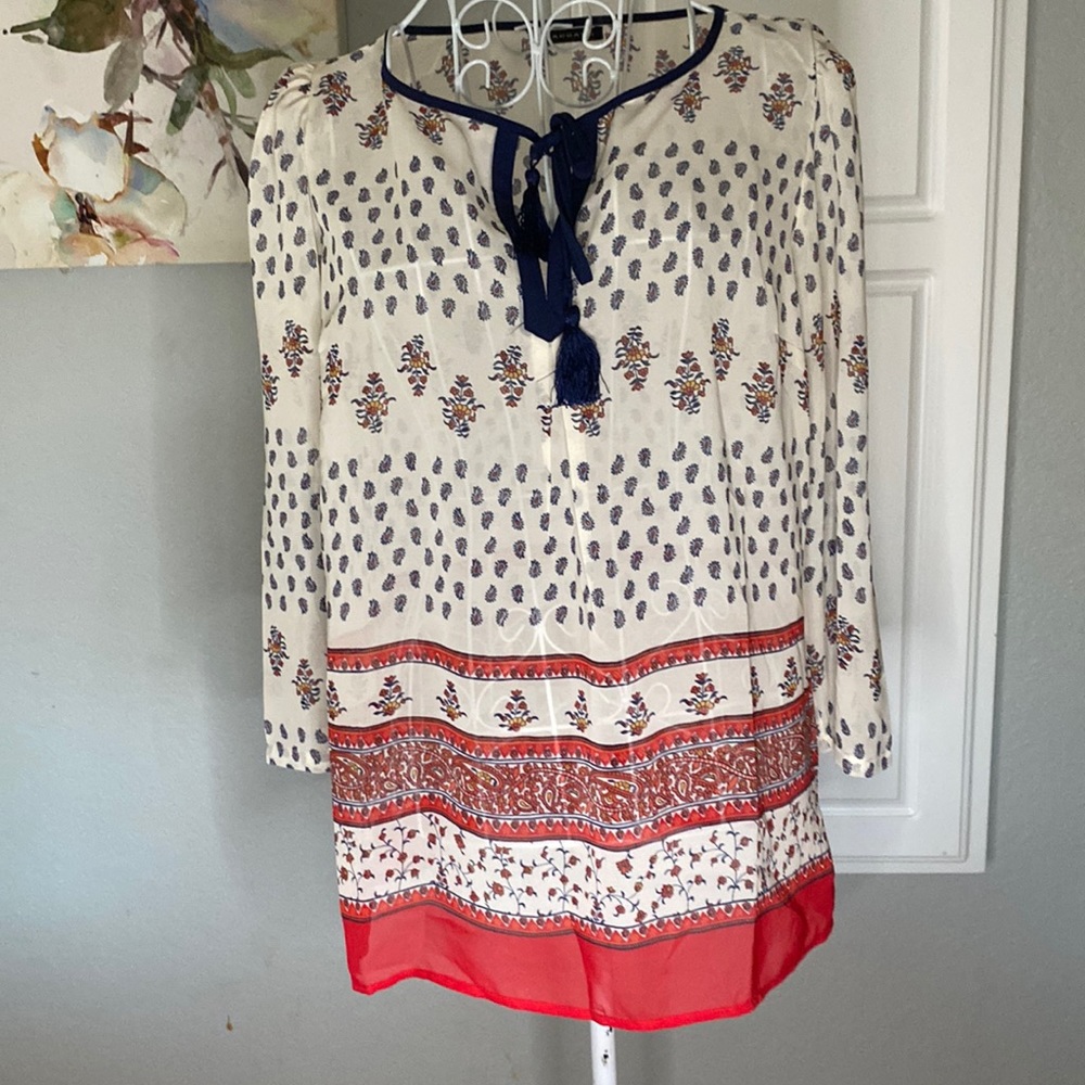 Staccato blouse 3/4 sleeve white blue boho medium, never been worn